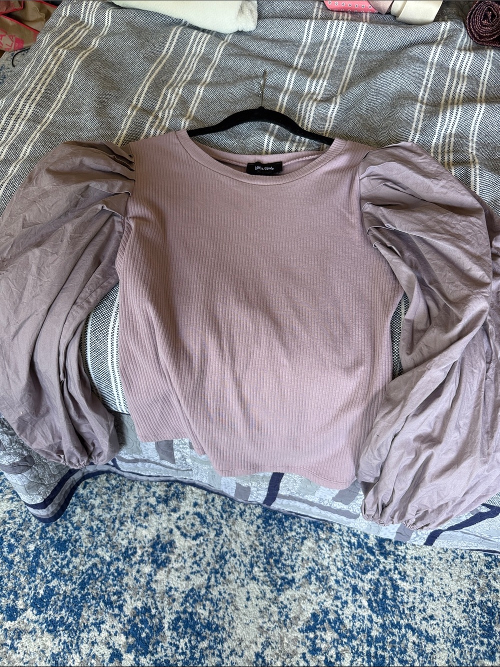 Lea & Viola Violet/maive Ribbed Top with Gathered Puff Sleeves from Anthro
